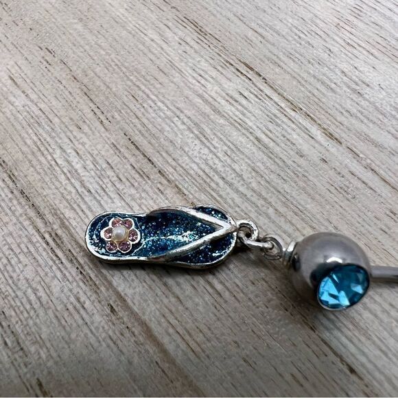 🍭4/$20 Blue glitter sandal flip flop flower jewel silver belly button ring - Picture 2 of 5